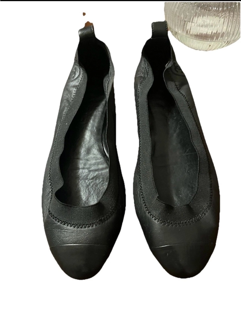CHANEL Black Leather Cap-Toe Ballet Flats